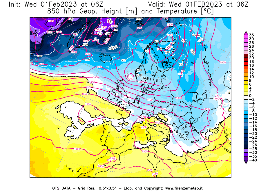 Mappa di analisi GFS - Geopotenziale [m] e Temperatura [°C] a 850 hPa in Europa
							del 01/02/2023 06 <!--googleoff: index-->UTC<!--googleon: index-->