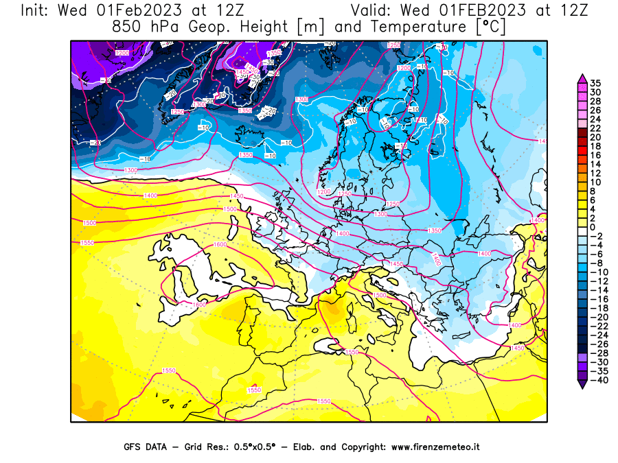 Mappa di analisi GFS - Geopotenziale [m] e Temperatura [°C] a 850 hPa in Europa
							del 01/02/2023 12 <!--googleoff: index-->UTC<!--googleon: index-->