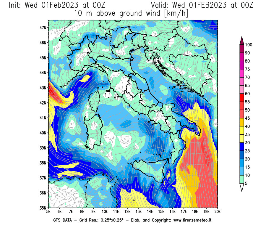 Mappa di analisi GFS - Velocità del vento a 10 metri dal suolo [km/h] in Italia
							del 01/02/2023 00 <!--googleoff: index-->UTC<!--googleon: index-->