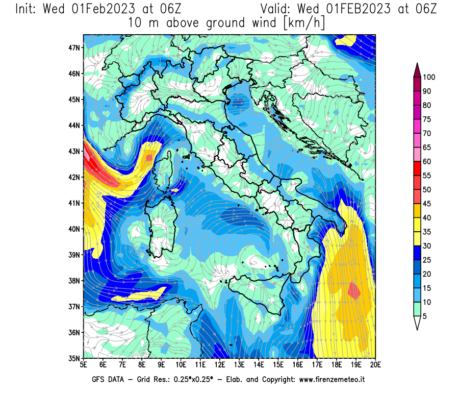 Mappa di analisi GFS - Velocità del vento a 10 metri dal suolo [km/h] in Italia
							del 01/02/2023 06 <!--googleoff: index-->UTC<!--googleon: index-->