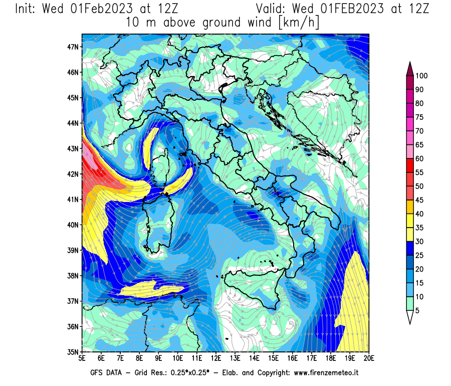 Mappa di analisi GFS - Velocità del vento a 10 metri dal suolo [km/h] in Italia
							del 01/02/2023 12 <!--googleoff: index-->UTC<!--googleon: index-->