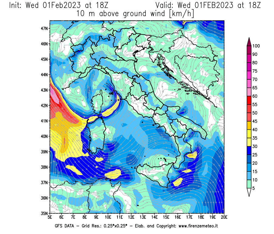 Mappa di analisi GFS - Velocità del vento a 10 metri dal suolo [km/h] in Italia
							del 01/02/2023 18 <!--googleoff: index-->UTC<!--googleon: index-->