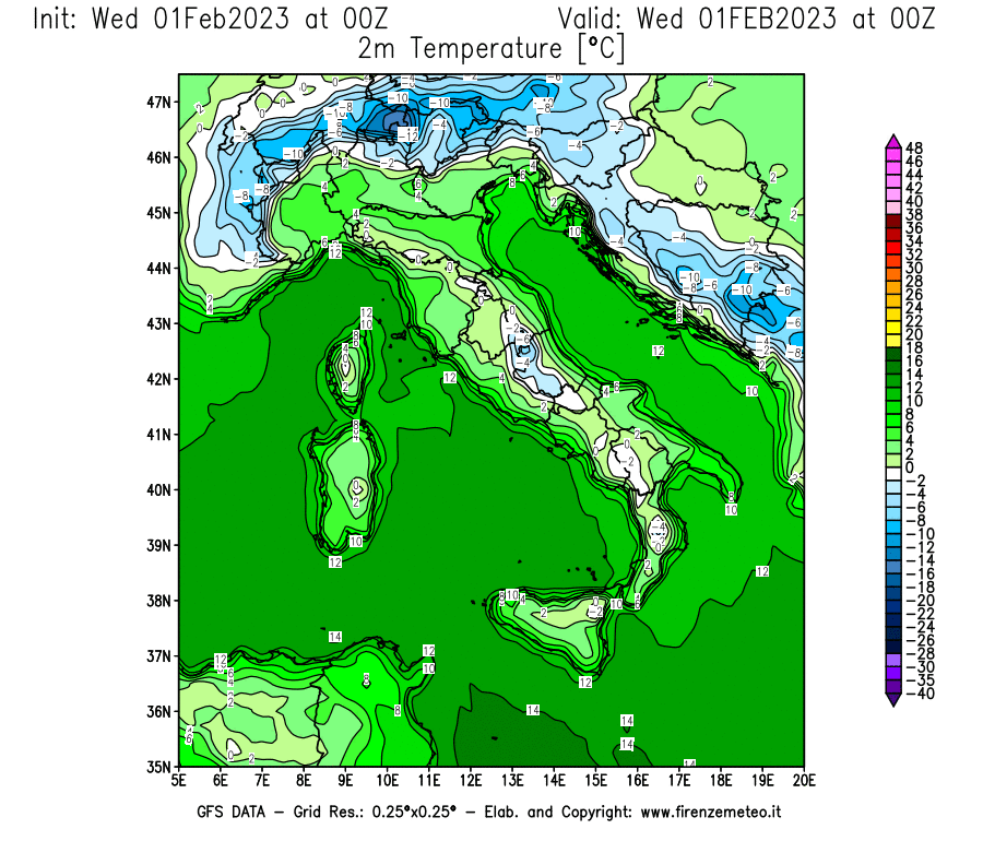 Mappa di analisi GFS - Temperatura a 2 metri dal suolo [°C] in Italia
							del 01/02/2023 00 <!--googleoff: index-->UTC<!--googleon: index-->