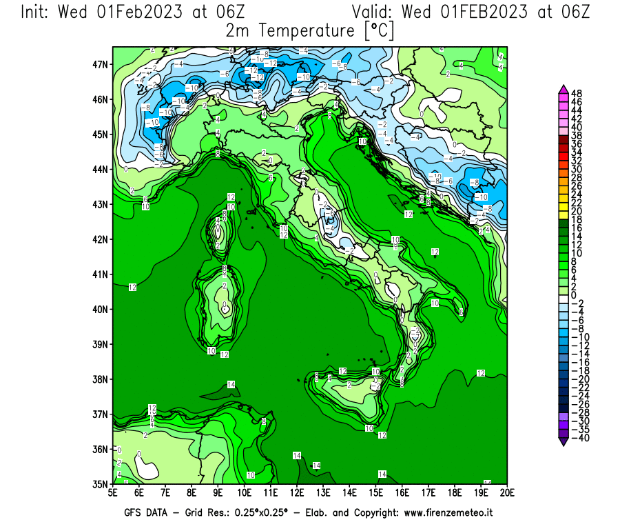 Mappa di analisi GFS - Temperatura a 2 metri dal suolo [°C] in Italia
							del 01/02/2023 06 <!--googleoff: index-->UTC<!--googleon: index-->