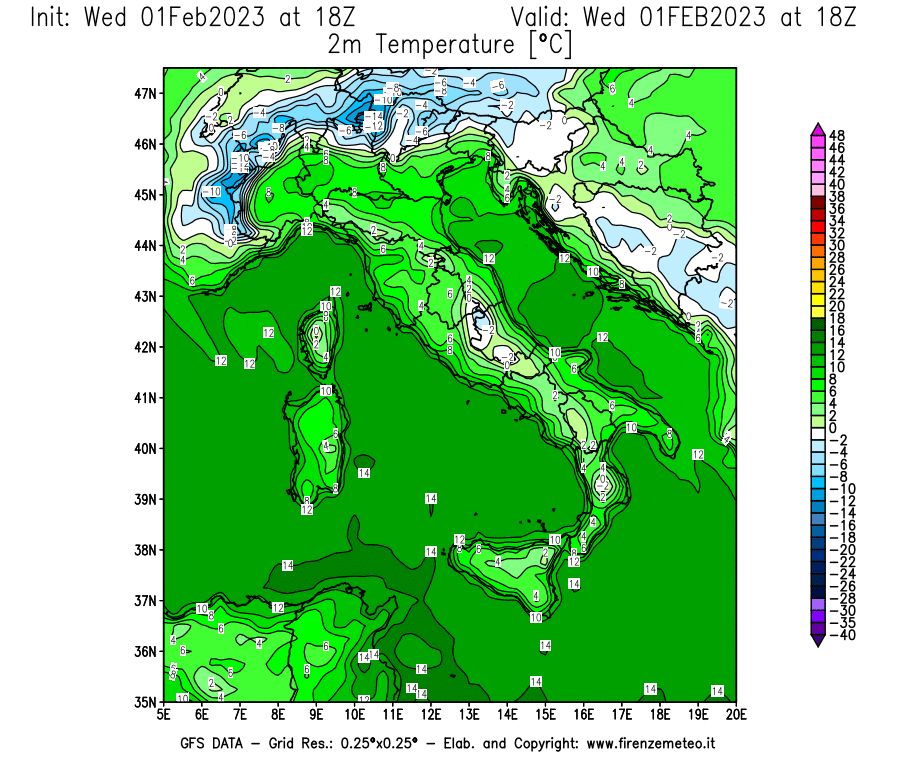 Mappa di analisi GFS - Temperatura a 2 metri dal suolo [°C] in Italia
							del 01/02/2023 18 <!--googleoff: index-->UTC<!--googleon: index-->