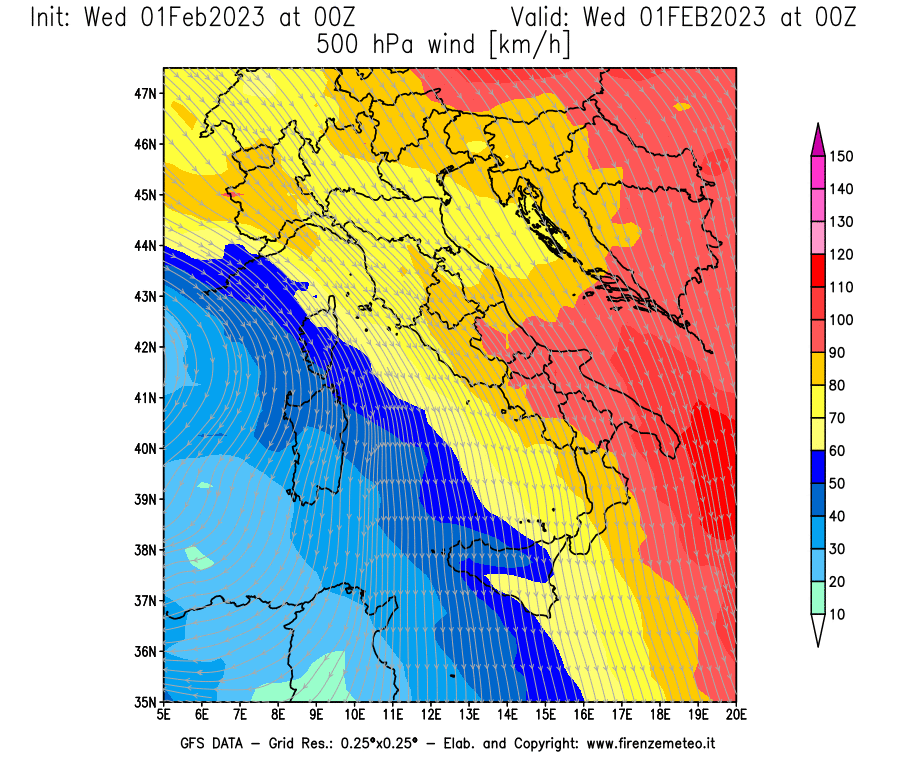 Mappa di analisi GFS - Velocità del vento a 500 hPa [km/h] in Italia
							del 01/02/2023 00 <!--googleoff: index-->UTC<!--googleon: index-->