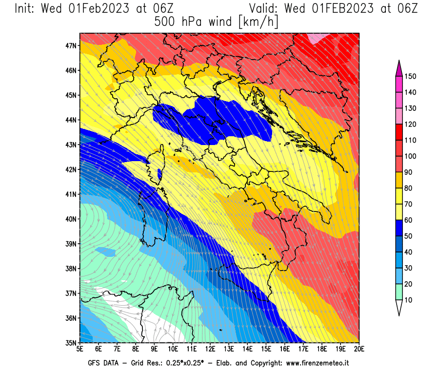 Mappa di analisi GFS - Velocità del vento a 500 hPa [km/h] in Italia
							del 01/02/2023 06 <!--googleoff: index-->UTC<!--googleon: index-->