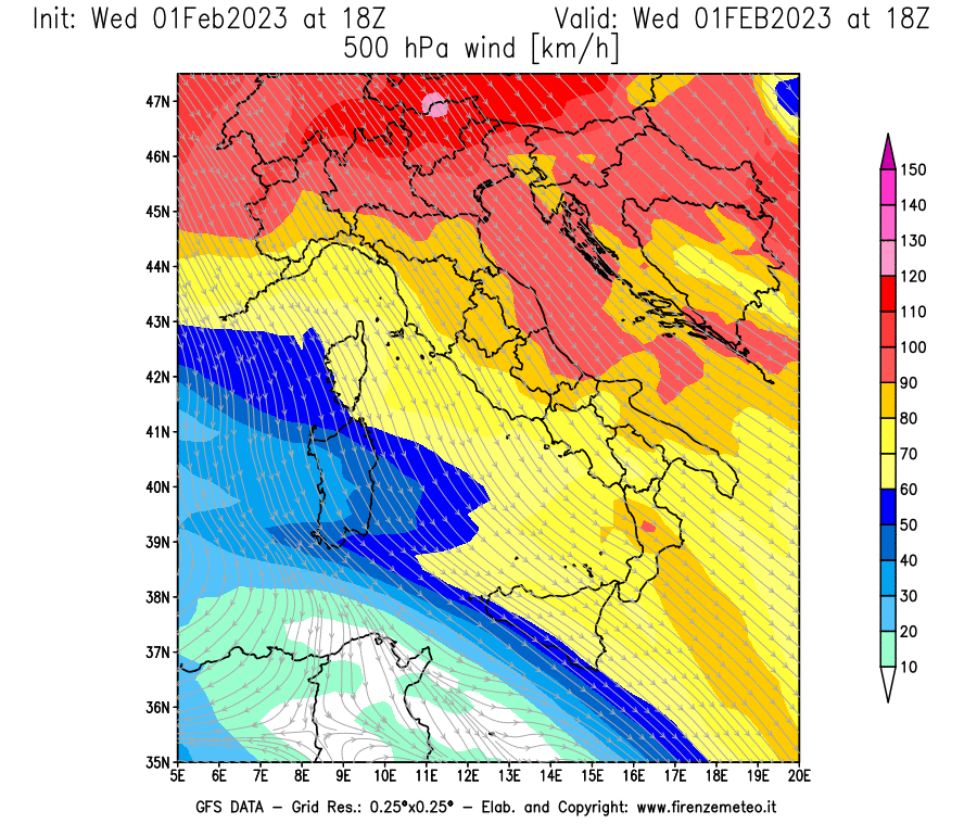 Mappa di analisi GFS - Velocità del vento a 500 hPa [km/h] in Italia
							del 01/02/2023 18 <!--googleoff: index-->UTC<!--googleon: index-->