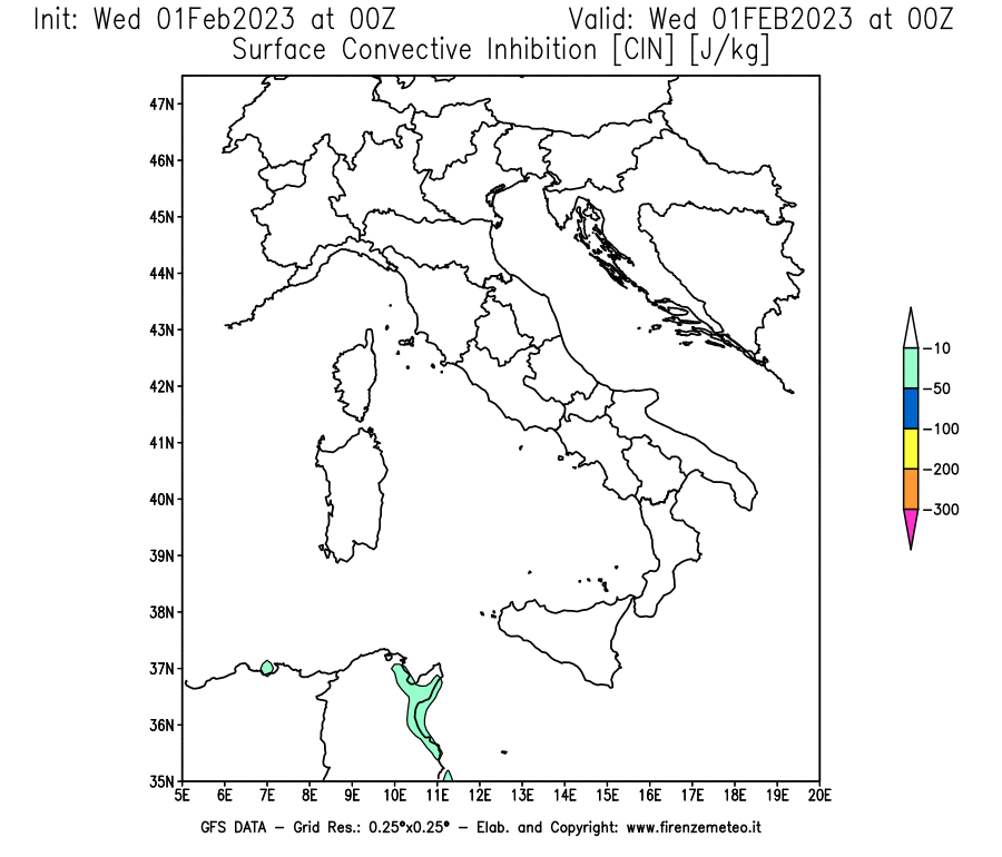 Mappa di analisi GFS - CIN [J/kg] in Italia
							del 01/02/2023 00 <!--googleoff: index-->UTC<!--googleon: index-->
