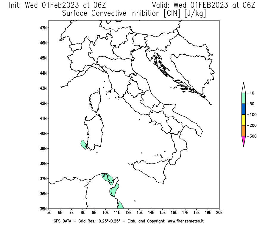 Mappa di analisi GFS - CIN [J/kg] in Italia
							del 01/02/2023 06 <!--googleoff: index-->UTC<!--googleon: index-->