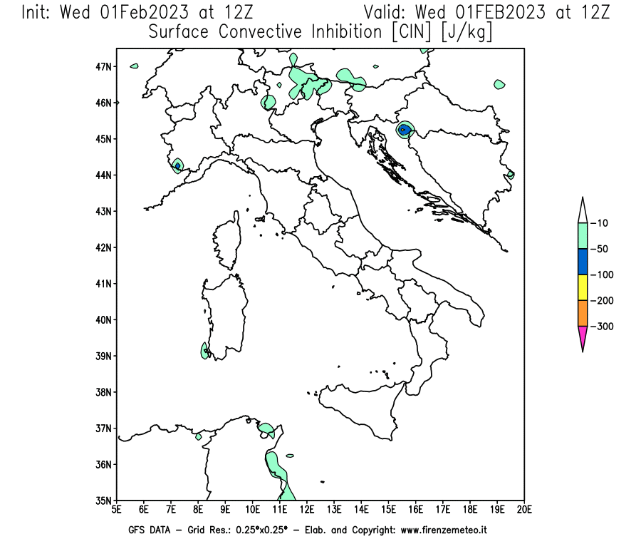 Mappa di analisi GFS - CIN [J/kg] in Italia
							del 01/02/2023 12 <!--googleoff: index-->UTC<!--googleon: index-->