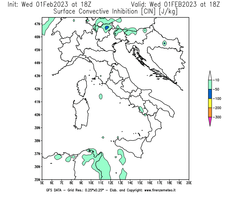 Mappa di analisi GFS - CIN [J/kg] in Italia
							del 01/02/2023 18 <!--googleoff: index-->UTC<!--googleon: index-->