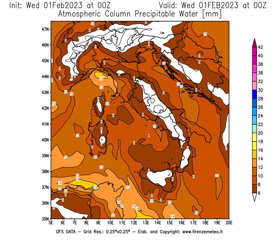 Mappa di analisi GFS - Precipitable Water [mm] in Italia
							del 01/02/2023 00 <!--googleoff: index-->UTC<!--googleon: index-->
