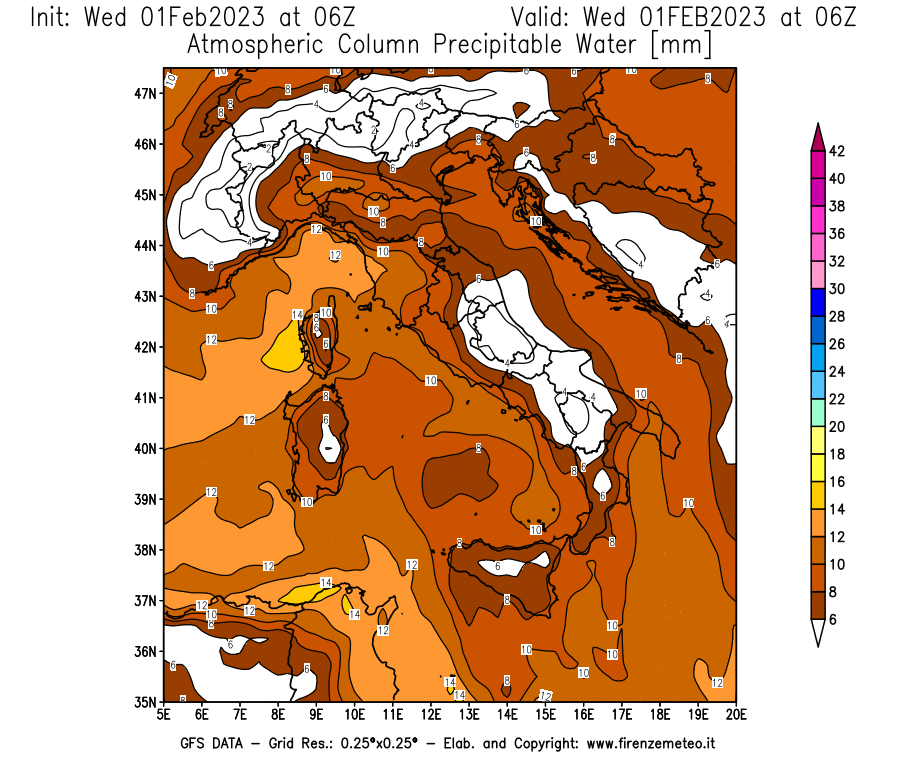 Mappa di analisi GFS - Precipitable Water [mm] in Italia
							del 01/02/2023 06 <!--googleoff: index-->UTC<!--googleon: index-->