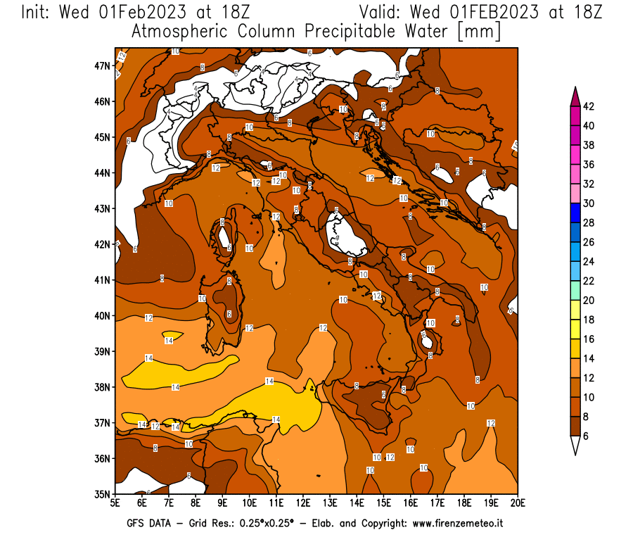 Mappa di analisi GFS - Precipitable Water [mm] in Italia
							del 01/02/2023 18 <!--googleoff: index-->UTC<!--googleon: index-->