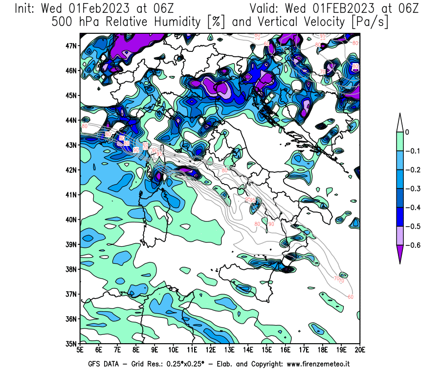 Mappa di analisi GFS - Umidità relativa [%] e Omega [Pa/s] a 500 hPa in Italia
							del 01/02/2023 06 <!--googleoff: index-->UTC<!--googleon: index-->