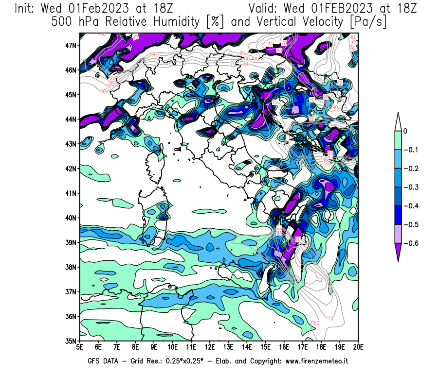 Mappa di analisi GFS - Umidità relativa [%] e Omega [Pa/s] a 500 hPa in Italia
							del 01/02/2023 18 <!--googleoff: index-->UTC<!--googleon: index-->