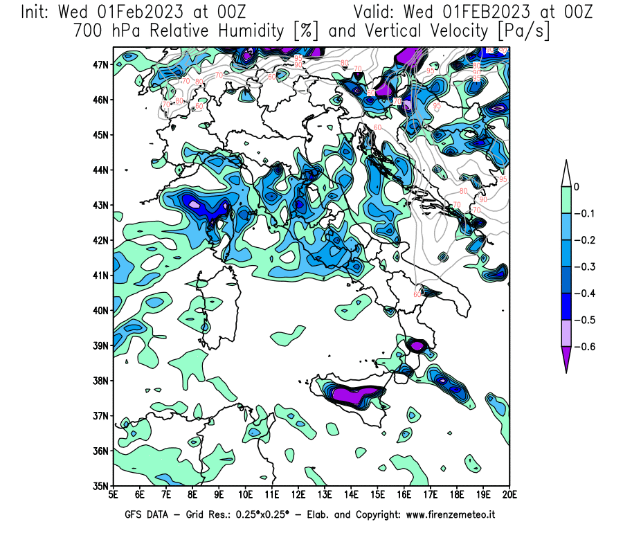 Mappa di analisi GFS - Umidità relativa [%] e Omega [Pa/s] a 700 hPa in Italia
							del 01/02/2023 00 <!--googleoff: index-->UTC<!--googleon: index-->