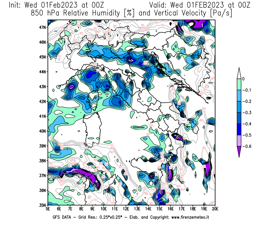 Mappa di analisi GFS - Umidità relativa [%] e Omega [Pa/s] a 850 hPa in Italia
							del 01/02/2023 00 <!--googleoff: index-->UTC<!--googleon: index-->