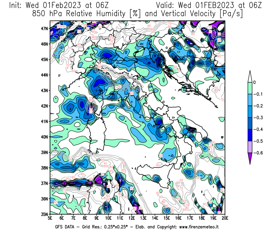 Mappa di analisi GFS - Umidità relativa [%] e Omega [Pa/s] a 850 hPa in Italia
							del 01/02/2023 06 <!--googleoff: index-->UTC<!--googleon: index-->