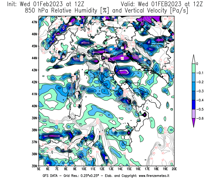 Mappa di analisi GFS - Umidità relativa [%] e Omega [Pa/s] a 850 hPa in Italia
							del 01/02/2023 12 <!--googleoff: index-->UTC<!--googleon: index-->