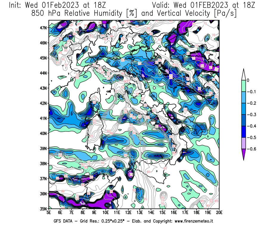 Mappa di analisi GFS - Umidità relativa [%] e Omega [Pa/s] a 850 hPa in Italia
							del 01/02/2023 18 <!--googleoff: index-->UTC<!--googleon: index-->