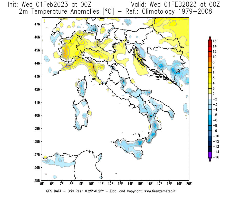 Mappa di analisi GFS - Anomalia Temperatura [°C] a 2 m in Italia
							del 01/02/2023 00 <!--googleoff: index-->UTC<!--googleon: index-->
