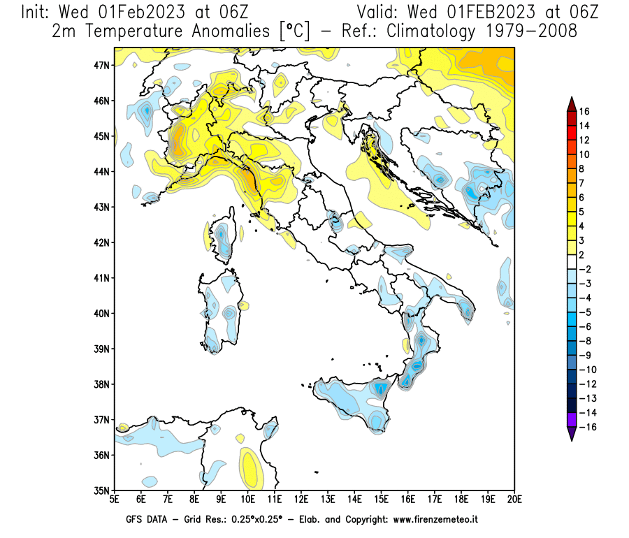 Mappa di analisi GFS - Anomalia Temperatura [°C] a 2 m in Italia
							del 01/02/2023 06 <!--googleoff: index-->UTC<!--googleon: index-->