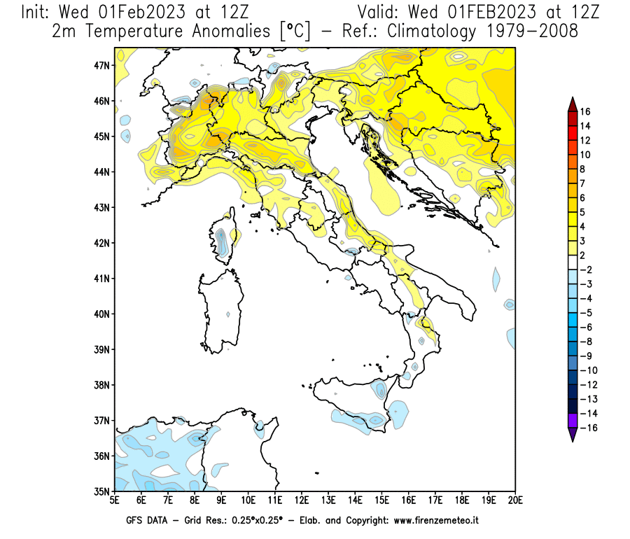 Mappa di analisi GFS - Anomalia Temperatura [°C] a 2 m in Italia
							del 01/02/2023 12 <!--googleoff: index-->UTC<!--googleon: index-->