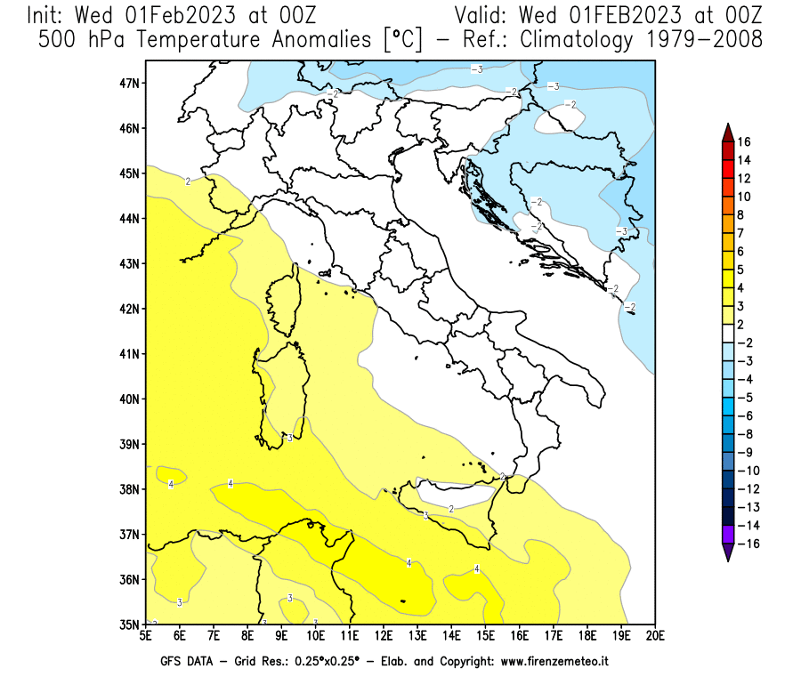 Mappa di analisi GFS - Anomalia Temperatura [°C] a 500 hPa in Italia
							del 01/02/2023 00 <!--googleoff: index-->UTC<!--googleon: index-->