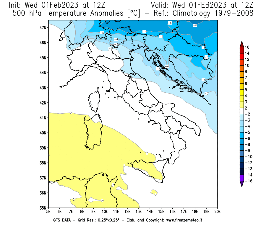 Mappa di analisi GFS - Anomalia Temperatura [°C] a 500 hPa in Italia
							del 01/02/2023 12 <!--googleoff: index-->UTC<!--googleon: index-->