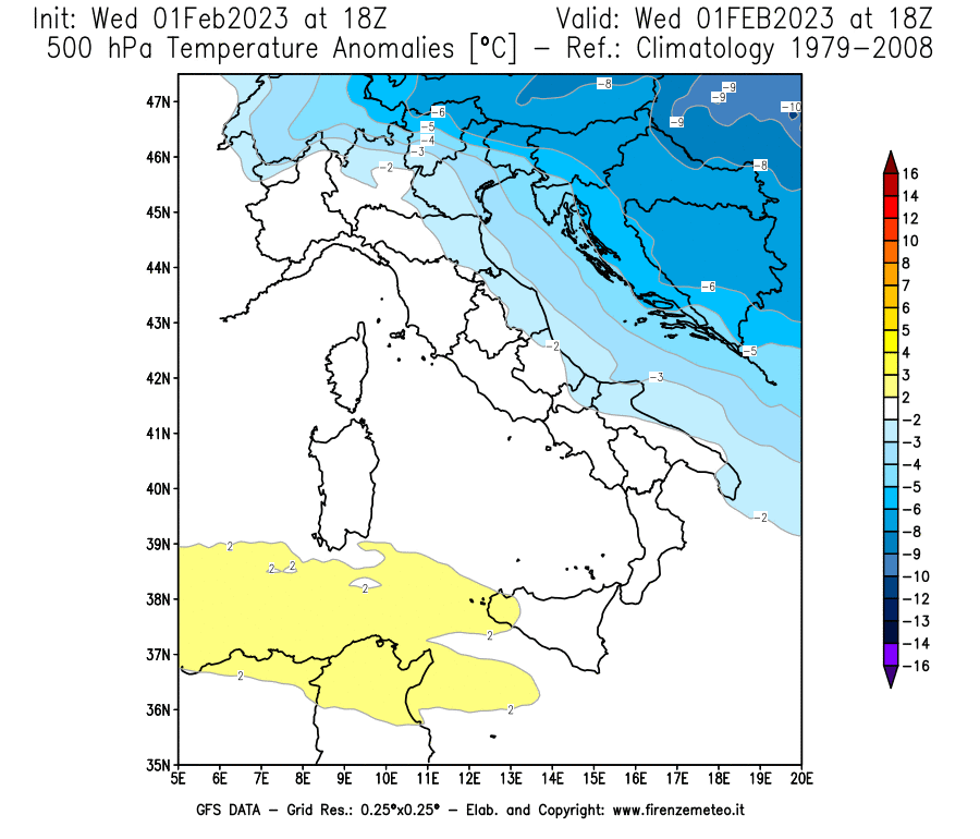 Mappa di analisi GFS - Anomalia Temperatura [°C] a 500 hPa in Italia
							del 01/02/2023 18 <!--googleoff: index-->UTC<!--googleon: index-->