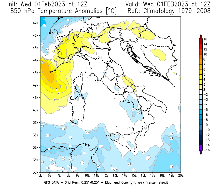 Mappa di analisi GFS - Anomalia Temperatura [°C] a 850 hPa in Italia
							del 01/02/2023 12 <!--googleoff: index-->UTC<!--googleon: index-->