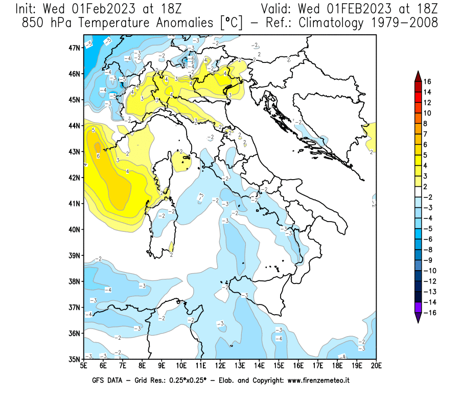 Mappa di analisi GFS - Anomalia Temperatura [°C] a 850 hPa in Italia
							del 01/02/2023 18 <!--googleoff: index-->UTC<!--googleon: index-->