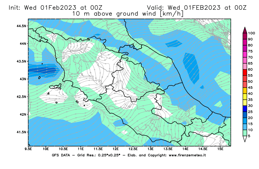 Mappa di analisi GFS - Velocità del vento a 10 metri dal suolo [km/h] in Centro-Italia
							del 01/02/2023 00 <!--googleoff: index-->UTC<!--googleon: index-->