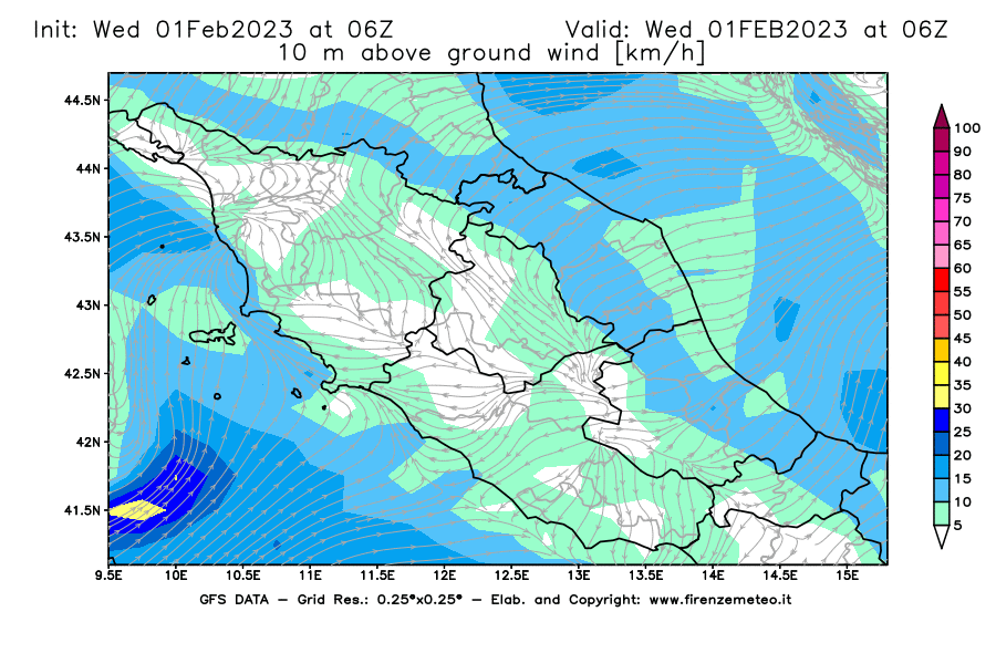 Mappa di analisi GFS - Velocità del vento a 10 metri dal suolo [km/h] in Centro-Italia
							del 01/02/2023 06 <!--googleoff: index-->UTC<!--googleon: index-->