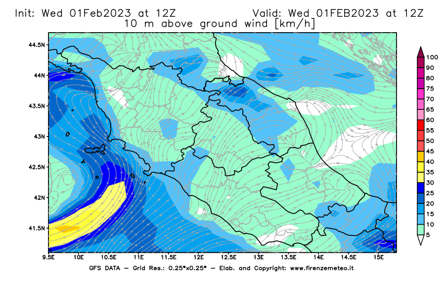 Mappa di analisi GFS - Velocità del vento a 10 metri dal suolo [km/h] in Centro-Italia
							del 01/02/2023 12 <!--googleoff: index-->UTC<!--googleon: index-->