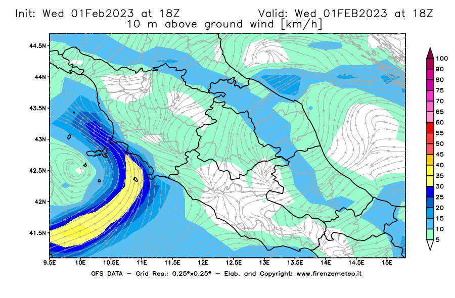 Mappa di analisi GFS - Velocità del vento a 10 metri dal suolo [km/h] in Centro-Italia
							del 01/02/2023 18 <!--googleoff: index-->UTC<!--googleon: index-->