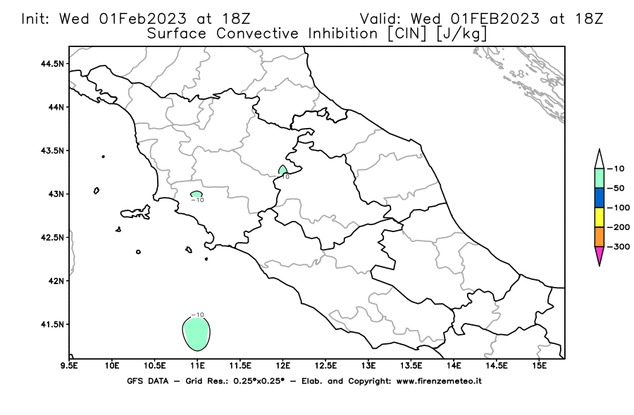 Mappa di analisi GFS - CIN [J/kg] in Centro-Italia
							del 01/02/2023 18 <!--googleoff: index-->UTC<!--googleon: index-->