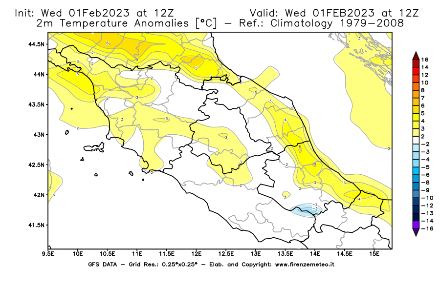 Mappa di analisi GFS - Anomalia Temperatura [°C] a 2 m in Centro-Italia
							del 01/02/2023 12 <!--googleoff: index-->UTC<!--googleon: index-->