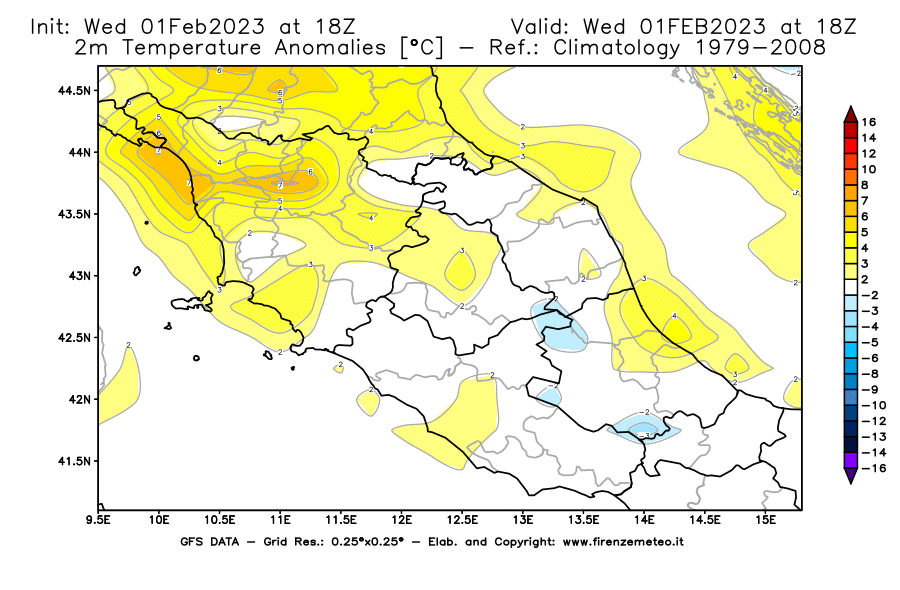 Mappa di analisi GFS - Anomalia Temperatura [°C] a 2 m in Centro-Italia
							del 01/02/2023 18 <!--googleoff: index-->UTC<!--googleon: index-->