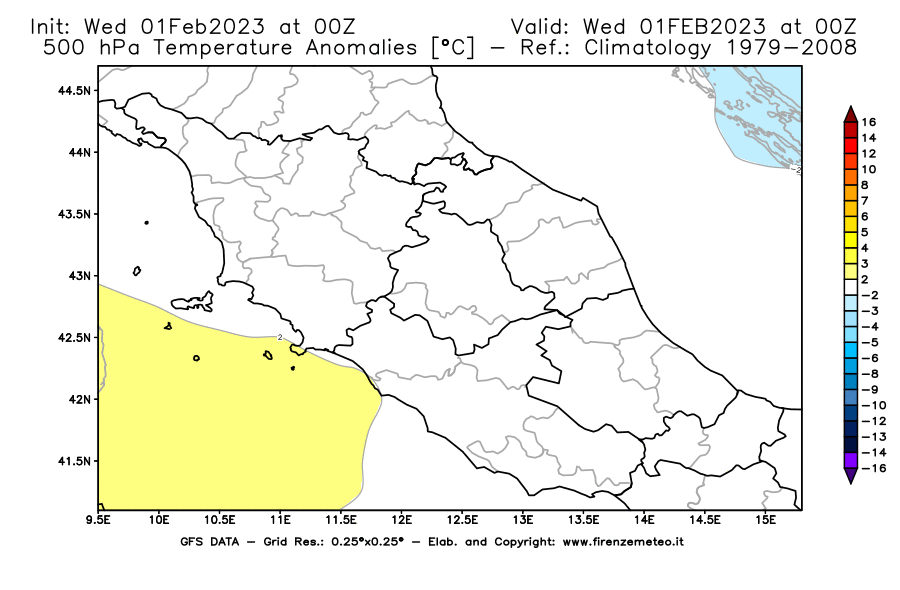 Mappa di analisi GFS - Anomalia Temperatura [°C] a 500 hPa in Centro-Italia
							del 01/02/2023 00 <!--googleoff: index-->UTC<!--googleon: index-->