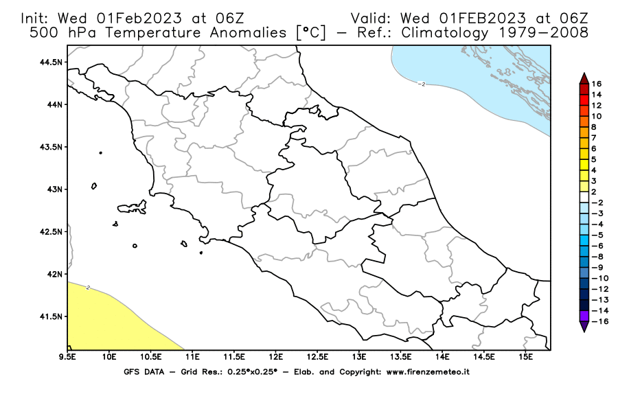 Mappa di analisi GFS - Anomalia Temperatura [°C] a 500 hPa in Centro-Italia
							del 01/02/2023 06 <!--googleoff: index-->UTC<!--googleon: index-->