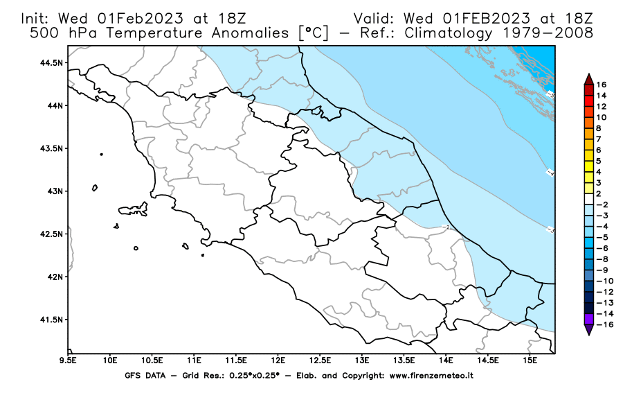 Mappa di analisi GFS - Anomalia Temperatura [°C] a 500 hPa in Centro-Italia
							del 01/02/2023 18 <!--googleoff: index-->UTC<!--googleon: index-->