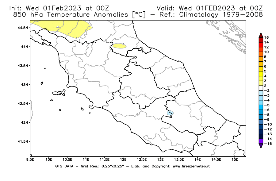 Mappa di analisi GFS - Anomalia Temperatura [°C] a 850 hPa in Centro-Italia
							del 01/02/2023 00 <!--googleoff: index-->UTC<!--googleon: index-->