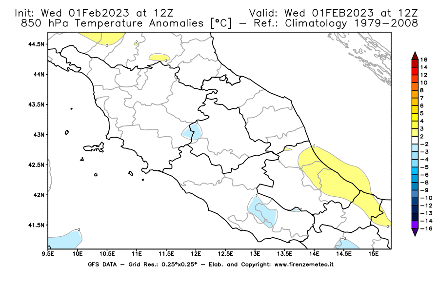 Mappa di analisi GFS - Anomalia Temperatura [°C] a 850 hPa in Centro-Italia
							del 01/02/2023 12 <!--googleoff: index-->UTC<!--googleon: index-->