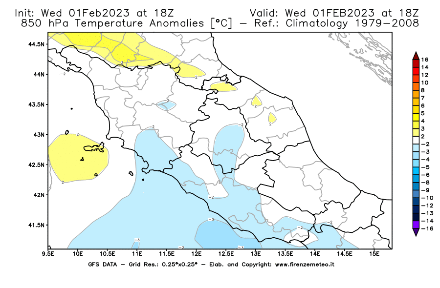 Mappa di analisi GFS - Anomalia Temperatura [°C] a 850 hPa in Centro-Italia
							del 01/02/2023 18 <!--googleoff: index-->UTC<!--googleon: index-->