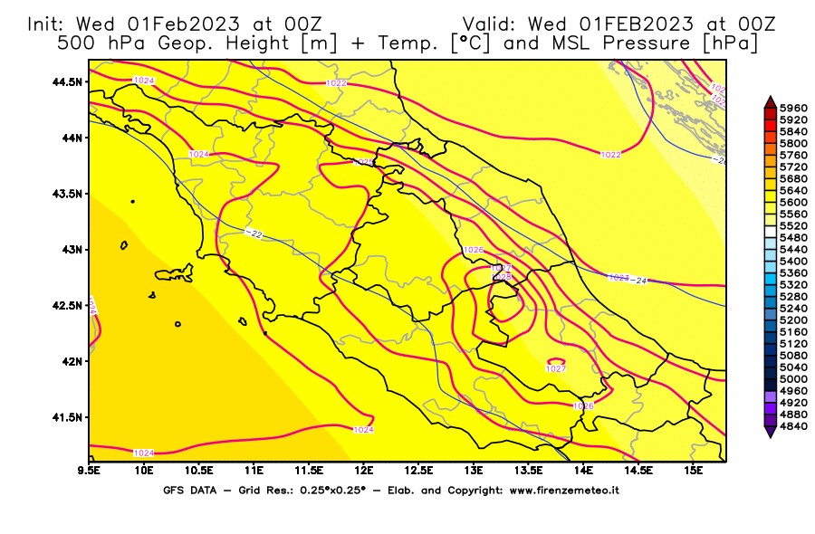 Mappa di analisi GFS - Geopotenziale [m] + Temp. [°C] a 500 hPa + Press. a livello del mare [hPa] in Centro-Italia
							del 01/02/2023 00 <!--googleoff: index-->UTC<!--googleon: index-->