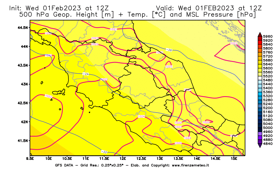 Mappa di analisi GFS - Geopotenziale [m] + Temp. [°C] a 500 hPa + Press. a livello del mare [hPa] in Centro-Italia
							del 01/02/2023 12 <!--googleoff: index-->UTC<!--googleon: index-->