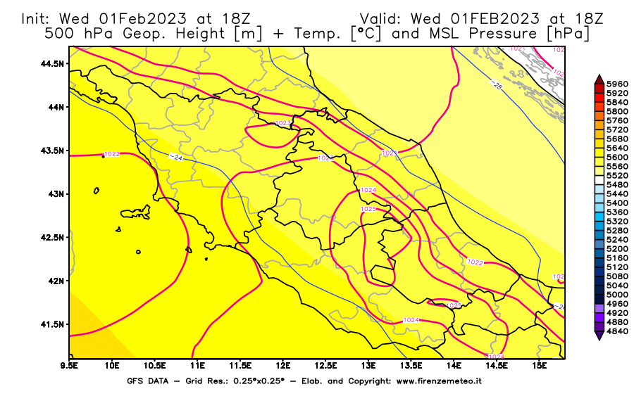 Mappa di analisi GFS - Geopotenziale [m] + Temp. [°C] a 500 hPa + Press. a livello del mare [hPa] in Centro-Italia
							del 01/02/2023 18 <!--googleoff: index-->UTC<!--googleon: index-->